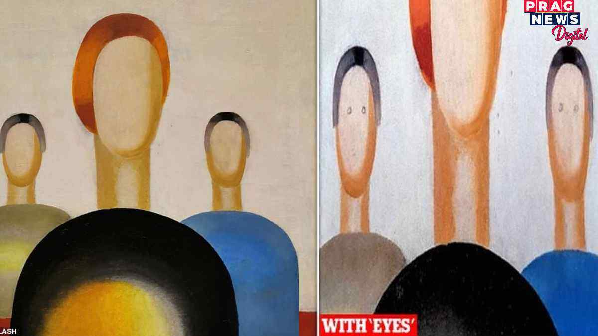 Three Figures Painting Bored security guard drew eyes on the