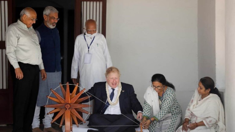 UK PM Boris Johnson visits Sabarmati Ashram, tries hand at charkha