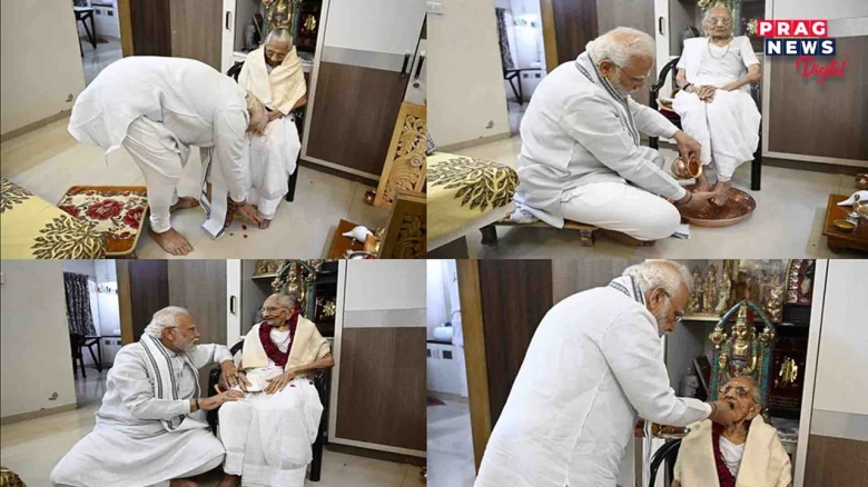 PM Modi takes his mother's blessings on her 100th birthday in Gandhinagar; watch the video