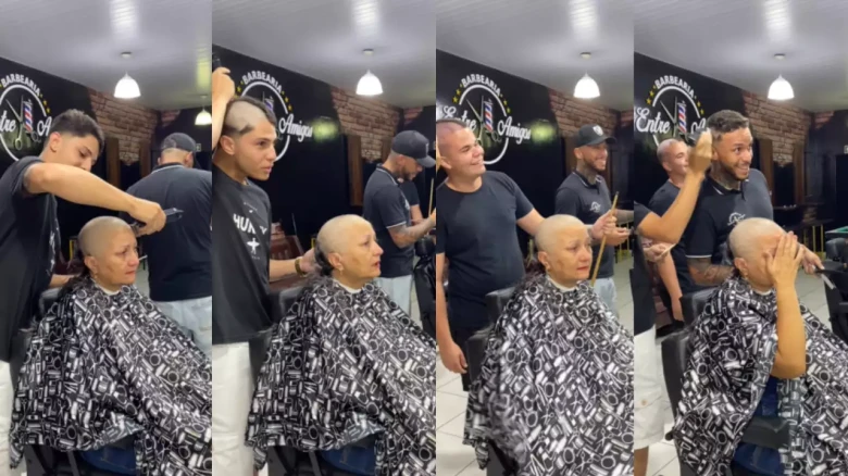 Heartwarming! Barber Shaves his head to support mother fighting Cancer, his co-workers Join In – Video goes viral