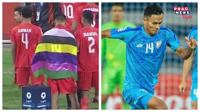 ভাৰতৰ পতাকাৰ সলনি মণিপুৰৰ পতাকাৰে চাফ কাপ বিজয় উদযাপন! বিতৰ্কত ভাৰতৰ ফুটবলাৰ জেকচন সিং