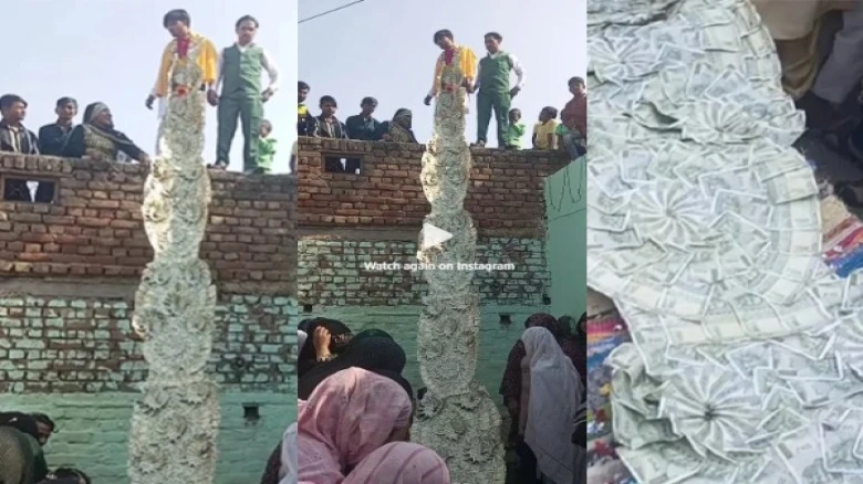 Social media goes gaga over a video of a Groom wearing Rs 20 lakh currency note garland at his wedding