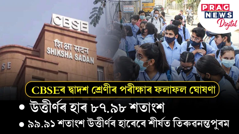 CBSEৰ দ্বাদশ শ্ৰেণীৰ পৰীক্ষাৰ ফলাফল ঘোষণাঃ  উত্তীৰ্ণৰ হাৰ ৮৭.৯৮ শতাংশ, ৯৯.৯১ শতাংশ উত্তীৰ্ণৰ হাৰেৰে শীৰ্ষত তিৰুৱনন্তপুৰম