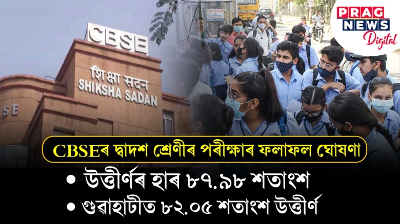 CBSEৰ দ্বাদশ শ্ৰেণীৰ পৰীক্ষাৰ ফলাফল ঘোষণাঃ  উত্তীৰ্ণৰ হাৰ ৮৭.৯৮ শতাংশ, ৯৯.৯১ শতাংশ উত্তীৰ্ণৰ হাৰেৰে শীৰ্ষত তিৰুৱনন্তপুৰম, গুৱাহাটীত উত্তীৰ্ণৰ হাৰ ৮২.০৫ শতাংশ