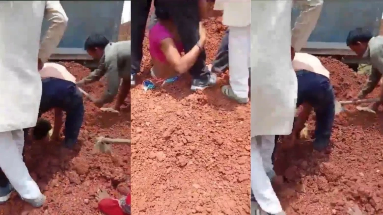 Shocking! Two women partially buried in the gravel during a protest in MP's Rewa