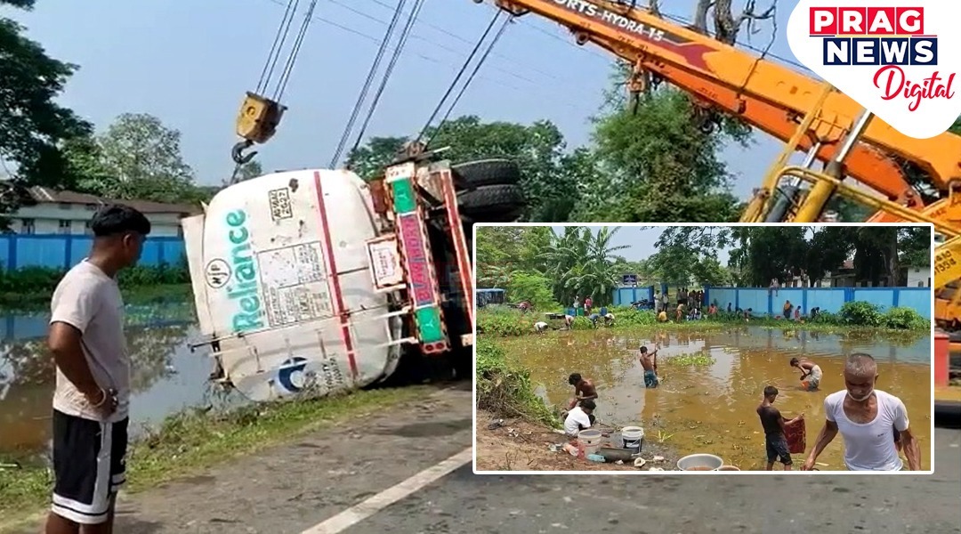 Diesel Tanker Overturns in Dalgaon: Locals Rush to Scoop Up Oil