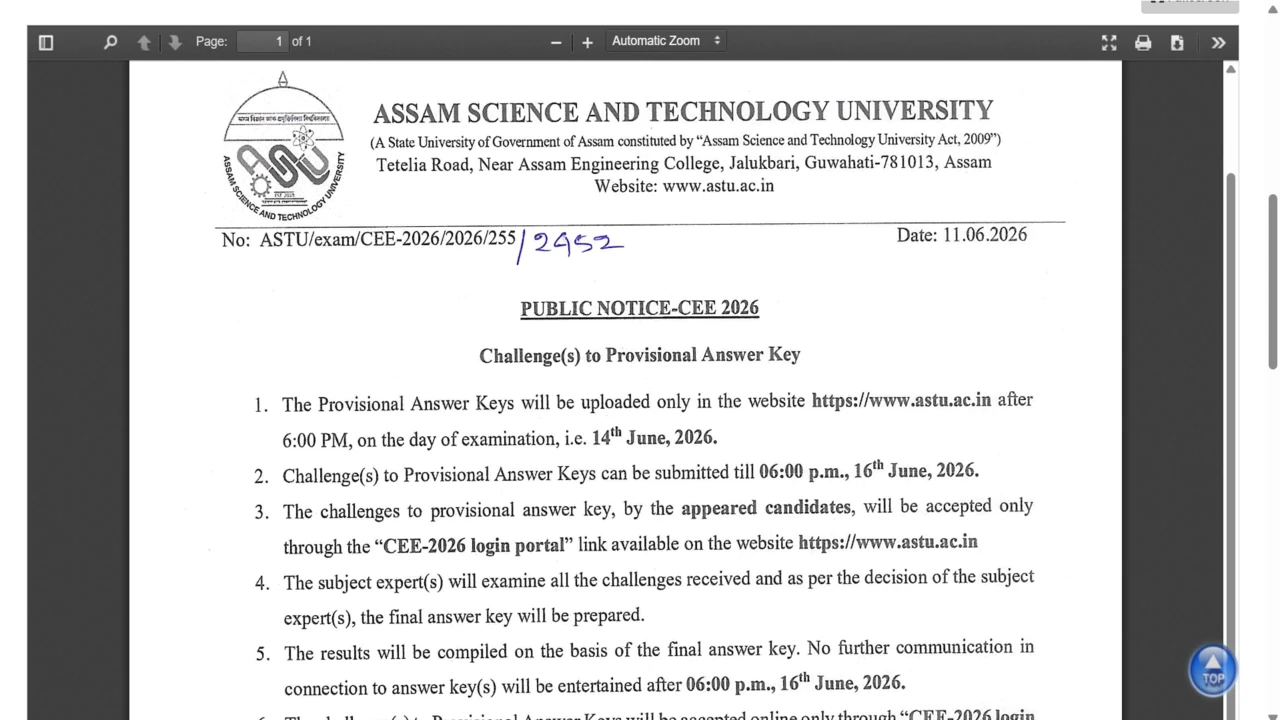 ASTU to Release Assam CEE 2026 Provisional Answer Key on June 14; Objection Window Until June 16