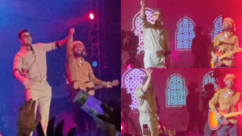 Ranbir Kapoor bows down to Arijit Singh at his concert; Grooves to Channa Mereya: Watch the video