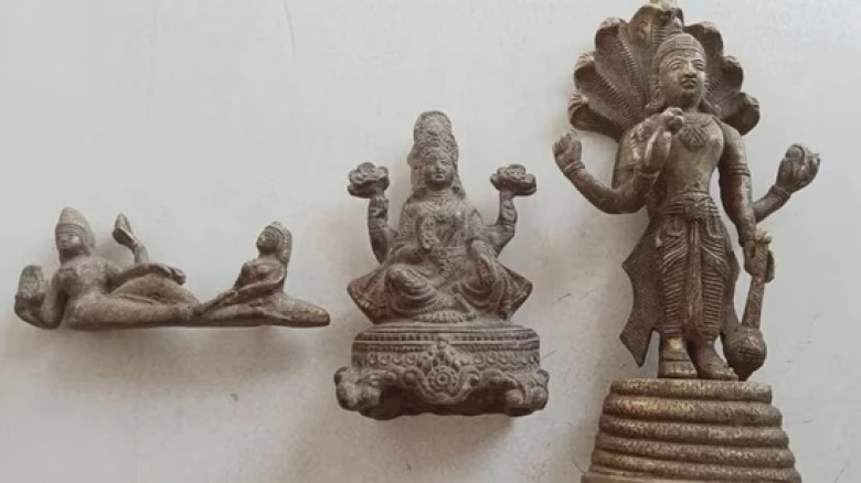 Three centuries-old bronze statues of Vishnu and Goddess Lakshmi were unearthed in Gurgaon